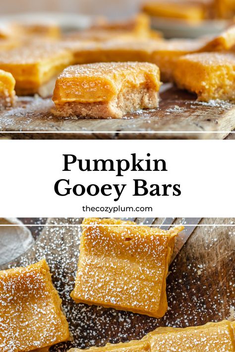 Pumpkin gooey bars on a wooden cutting board dusted with powdered sugar Pumpkin Decadent Bars, Chewy Pumpkin Bars, Fall Bars, Desert Inspo, Pumpkin Bar, Pumpkin Filling, Gooey Bars, Gooey Butter, Autumn Food