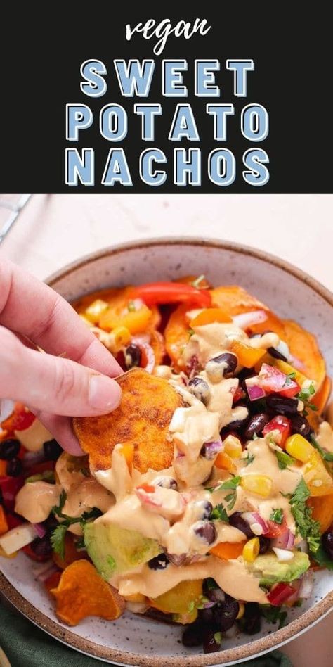 Vegetarian Snacks Easy, Vegan Dip Recipes, Cashew Queso, Bean Nachos, Vegan Cashew Cheese, Potato Nachos, Sweet Potato Nachos, Peach Kitchen, Black Bean Salsa