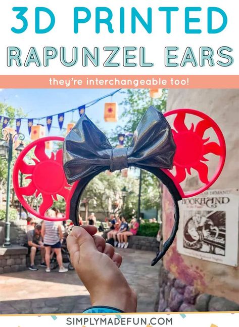 Use a 3D printer to make these easy Rapunzel themed Mickey Mouse ears for your next Disney trip! They're interchangeable which means the ears are attached with magnets and are super easy to switch out with other ear designs. Click through to the post for instructions on how to make these Mickey ears and the magnetic 3D printed bars you need for the headband! | simplymadefun.com Mickey Ears Diy, Ear Designs, No Sew Bow, Diy Mickey Ears, Diy Crafts For Adults, Fabric Pen, Mickey Mouse Ears, Disneyland Trip, Diy 3d