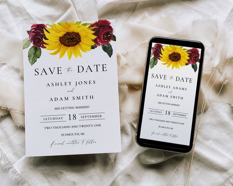 Save the Date Evite Template / Sunflower Digital Invitation / 100% Editable / Smartphone Template / Printable Template / Digital Download by AlyssaNapierDesign on Etsy https://www.etsy.com/listing/800019224/save-the-date-evite-template-sunflower Sunflower And Roses Wedding, Sunflower Wedding Invitation Template, Wedding Evite, Wedding Evites, Digital Save The Date, Rustic Sunflower Wedding, Etsy Invitations, Electronic Save The Date, Sunflowers And Roses