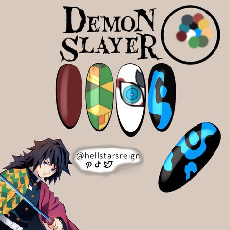 Giyuu Tomioka Inspired Nails, Nails Acrylic Demon Slayer, Anime Nail Ideas Demon Slayer, Giyuu Nails, Douma Nails, Demon Slayer Nail Designs, Muichiro Nails, Tengen Nails, Uñas Demon Slayer