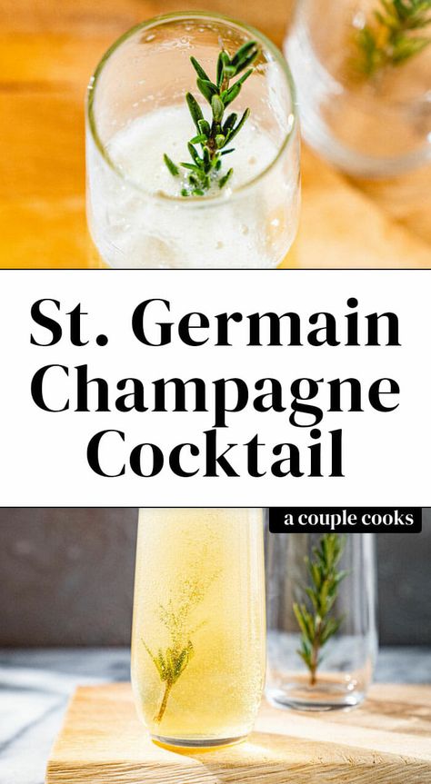 This St Germain champagne cocktail mixes elderflower liqueur with champagne, lemon, and gin. A sophisticated bubbly drink perfect for any occasion! #drink #stgermain #champagne #cocktail #holiday St Germain Cocktail, Elderflower Champagne, Girls Night Drinks, Elderflower Cocktail, Champagne Recipes Cocktails, Gin Drinks, Couple Cooking, Cocktail Mix, Champagne Cocktail