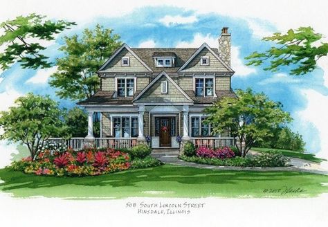 Hinsdale Illinois, Interior Design Sketchbook, Watercolor House, Watercolor House Portrait, Home Portrait, Water House, Custom House Portrait, Building Drawing, Suburban House