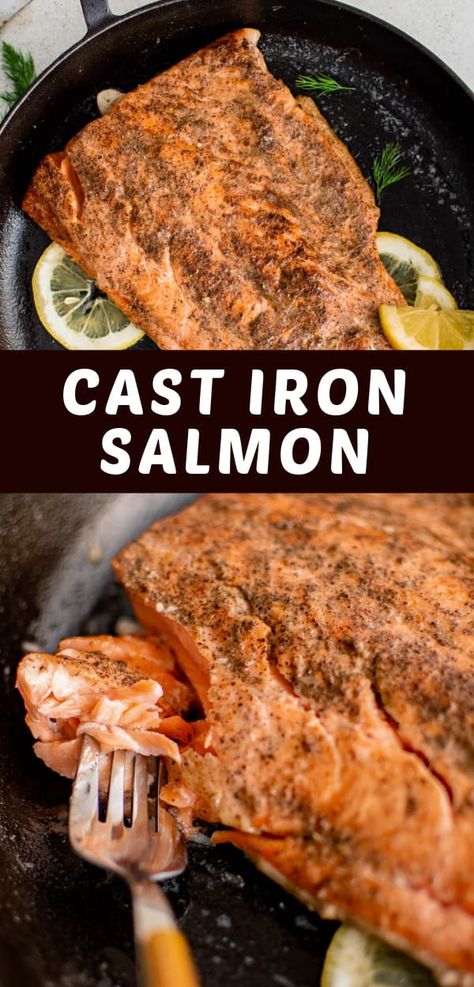 This cast iron salmon recipe comes together easily to create a tender and delicious restaurant-quality salmon dinner in less than 20 minutes! Crispy Skin Salmon Cast Iron, Cast Iron Salmon Oven, Salmon In Cast Iron Skillet In Oven, Salmon Recipes Baked Cast Iron, Cast Iron Skillet Salmon Recipes, Cast Iron Salmon With Skin, Easy Pan Fried Salmon Recipes, Cast Iron Salmon Recipes, Skillet Salmon Recipes