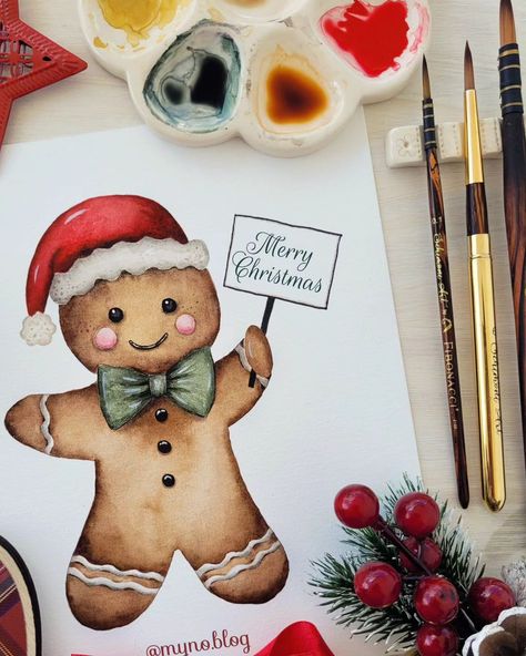 Gingerbread man painting by myno.blog Gingerbread Watercolor Painting, Watercolour Gingerbread House, Gingerbread Man Watercolor, Watercolor Gingerbread Man, Acrylic Paint Christmas Cards, Watercolor Gingerbread House, Christmas Eve Drawing, Gingerbread Man Painting, Christmas Card Painting Ideas