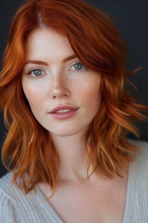 Medium-length copper hair with a softfeathered cut creates a light and airy feeloffering a delicate and refined look. Redheaded Women, Ginger Woman, Fire Crackers, Beautiful Freckles, Sleek Ponytail Hairstyles, Half Up Half Down Hair Prom, Classic Updo, Extension Hair, Braided Prom Hair