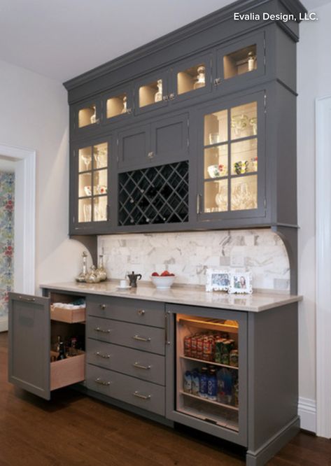 Butler's Pantry Bar Cabinet with Wine Storage, Beverage Refrigerator, Lighted Cabinetry, and Liquor Cabinet Corner Bar Cabinet, Modern Home Bar, Home Bar Design, Home Coffee Stations, Home Coffee Bar, Home Bar Designs, Kitchen Remodel Idea, Wet Bar, Mini Bar