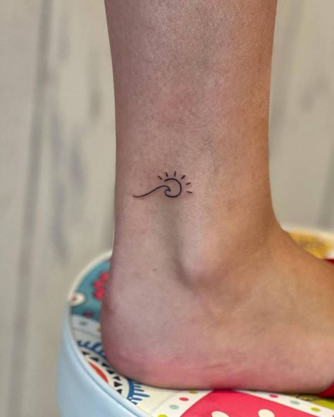 Mother Daughter Wave Tattoos, Beach Tattoo Ideas Ankle, Small Wave Tattoo Finger, Sun And Wave Tattoo Ankle, Ankle Tattoo Wave, Ankle Wave Tattoo, Wave Tattoo On Ankle, Sun And Sea Tattoo Minimalist, Tiny Sun And Wave Tattoo