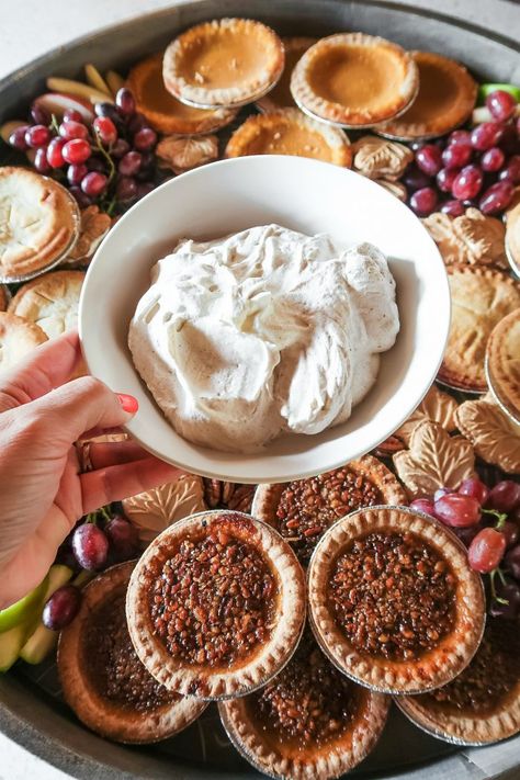 Easy Spiced Whipped Cream Whipped Cream With Heavy Cream, Fall Dessert Party, Whipped Topping Recipe, Cinnamon Whipped Cream, Spiced Whipped Cream, Blueberry Scones Recipe, Charcuterie Board Ideas, Dessert Board, Mini Pie