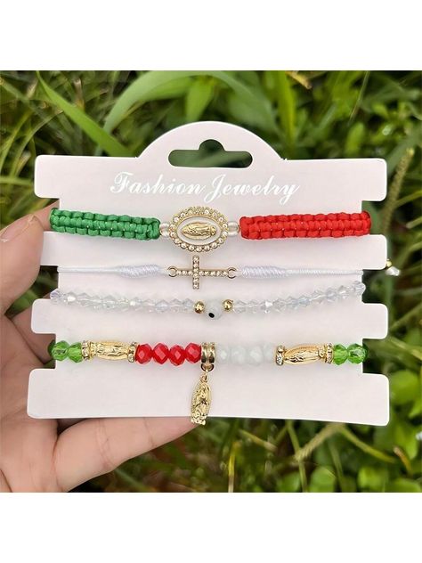 4pcs/Set Mexican Series Cross & Our Lady Of Guadalupe Bracelet With Card, Red-Green-White Braided Adjustable Women's  Christmas Gift Gold Fashionable   Glass     Women Fashion Jewelry, size features are:Bust: ,Length: ,Sleeve Length: Mexican Bracelets, Guadalupe Bracelet, Our Lady Of Guadalupe, Lady Of Guadalupe, Gold Collar, Watches Women Fashion, Christmas Gifts For Women, Christmas Women, Our Lady