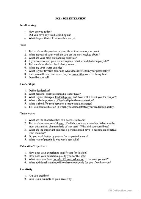 Job Interview - English ESL Worksheets Bank Interview Questions, Carta Formal, Job Interview Prep, Job Interview Answers, Interview Help, Job Interview Preparation, Job Interview Advice, Job Cover Letter, Interview Answers