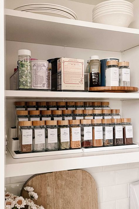 Matching glass spice jars with wooden lids, Amazon spice jars with aesthetic labels, best home organizers Spice Cabinet Organization, Spice Rack Organization, Spice Organization Drawer, Spice Organizers, Pantry Bin, Minimalist Farmhouse, Spice Jar Set, Glass Spice Jars, Spice Labels