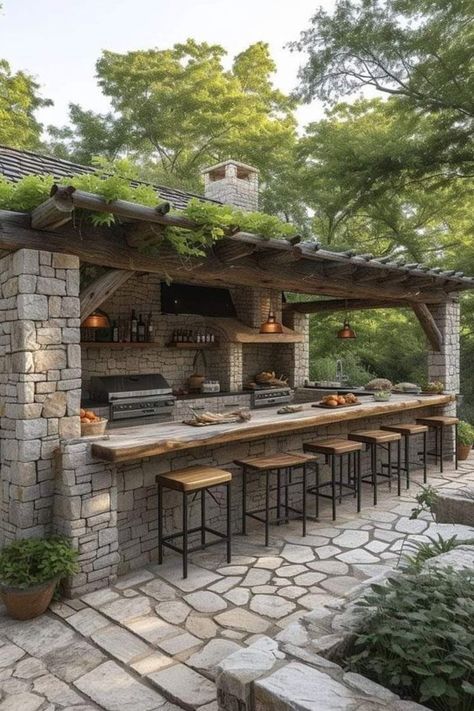 Backyard Kitchen Ideas, Rooftop Restaurant Design, Rustic Outdoor Kitchens, Outdoor Cooking Spaces, Kitchen Styles, Casa Country, Backyard Pavilion, Backyard Bar, Backyard Kitchen