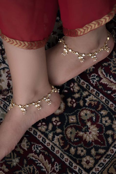 Buy Gold Plated Kundan And Seed Pearls Embellished Anklets - Set Of 2 by Paisley Pop Online at Aza Fashions. Sit Still Look Pretty, Silver Anklets Designs, Ethereal Jewelry, Wedding Anklets, Eid Outfit, Anklet Designs, Simple Sarees, Indian Dress, Lehenga Designs