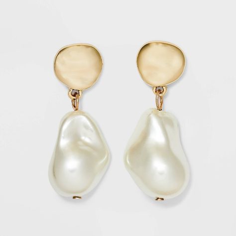 Bring a new look to your earring collection with Pearl Drop Earrings from A New Day™. These drop earrings feature an irregular-shaped faux-pearl drop accent dangling down from a gold-tone charm for a unique and fashionable look. Designed with post-back closures, these lightweight earrings are easy to wear and remove. You can pair them with casual, dressy or formal outfits to enhance your look. A New Day™: Style that goes wherever you do. Casual Accessories Jewelry, Gold Prom Earrings, Pearl And Gold Earrings, Pearl Jewlery, Gold And Pearl Earrings, Unique Pearl Earrings, Accent Earrings, Pearl Gold Earrings, Pearl Drop Earrings Gold