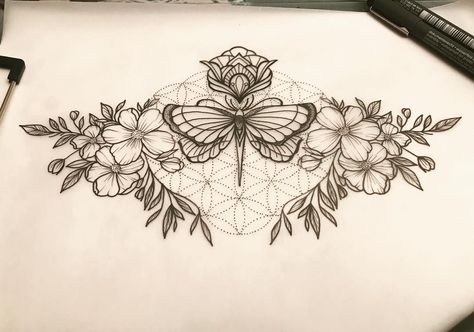 Tattoo Ideas Female Mandala For Women, Mandala Flower Chest Tattoo, Womens Chest Tattoo Flowers, Female Throat Tattoo Ideas Mandala, Butterfly Jewel Tattoo, Top Of Chest Tattoo Female, Linework Chest Tattoo, Womans Chest Tattoo Ideas, Flower Back Piece Tattoo