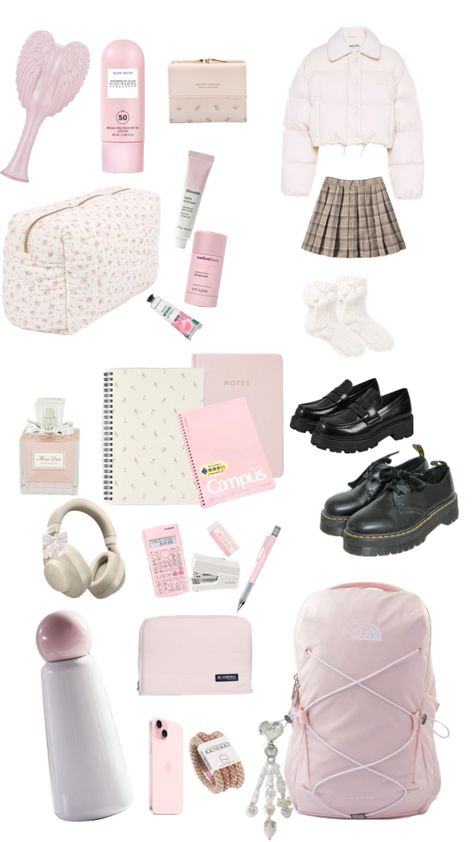 #first #schoolgirly #coquette #pinkpilatesprincess #stationary #schoolpacking #pink #aesthetic Stationary Essentials, School Essentials, Pink Aesthetic, Pilates, Pink