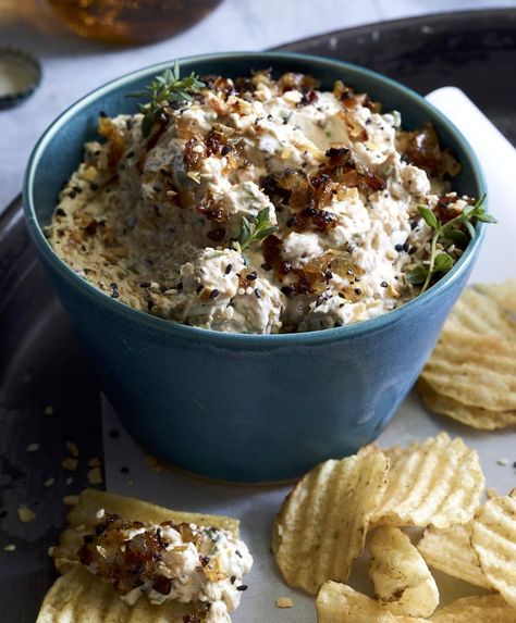 Roasted Onion Dip - What's Gaby Cooking Holiday Potluck Recipes, Camping Food Make Ahead, Healthy Camping Food, Whats Gaby Cooking, Chips And Dip, Roasted Onions, Game Day Appetizers, Onion Dip, Dips And Spreads