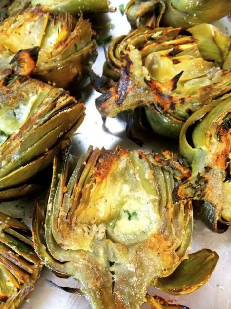 Foods To Grill, Grilled Artichoke, Grilling Recipes Sides, Artichoke Recipes, Romano Cheese, Appetizer Bites, Grilling Season, Dinner Appetizers, Grilled Chicken Recipes