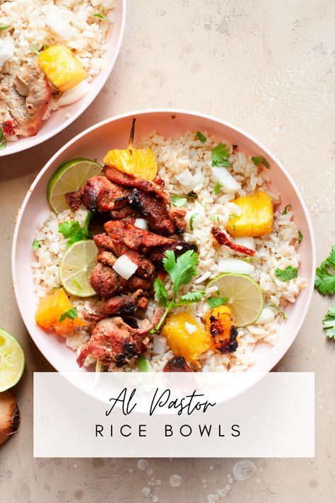 Simple Al Pastor Rice bowls with pantry spices & very easy preparation. Perfect for meal prep, fun family summer dinner or dinner for friends Al Pastor Bowl, Dinner For Friends, California Chicken, Watermelon And Feta, Tacos And Burritos, Marinated Pork, Family Summer, Tex Mex Recipes, Boneless Pork