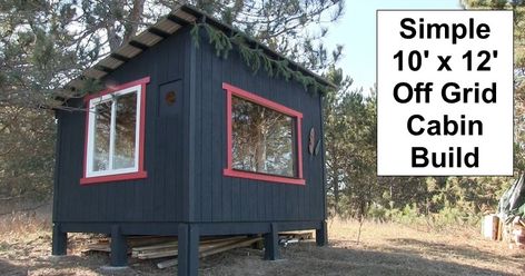 Simple 10′ x 12′ Off Grid Cabin Build – reThinkSurvival.com Simple Cabins To Build, Small Off Grid Cabin Plans, Single Pitch Roof Cabin, Micro Cabin Plans, Off Grid Cabin Ideas, Off The Grid Cabin, Off Grid Cabin Plans, Simple Cabin, Micro Cabin