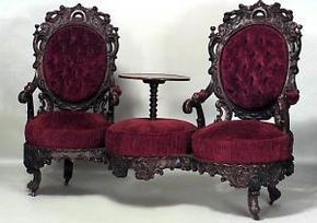 American Victorian rosewood carved double swivel seat tete a tete with table center and red velvet upholstery Gothic Furniture, Dark Home Decor, Goth Home Decor, Victorian Furniture, Victorian Decor, Gothic Decor, Gothic Home Decor, Gothic House, Beautiful Furniture