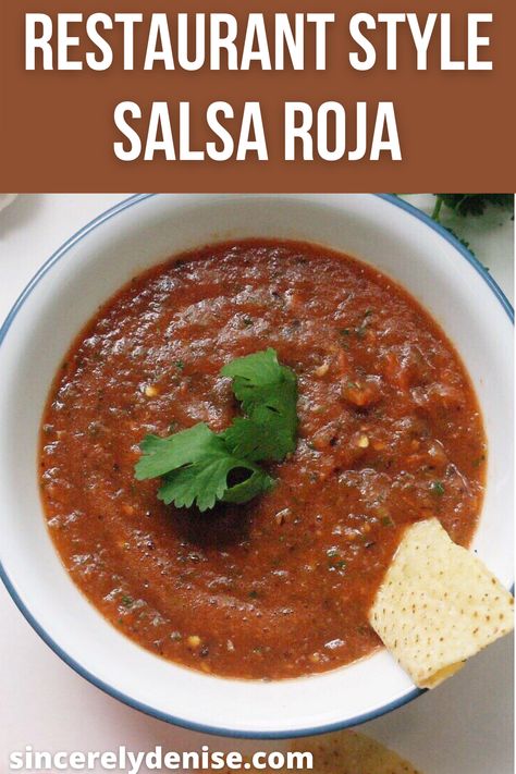 This easy, quick, simple Mexican restaurant style salsa is perfect for pairing with your favorite tortilla chips! Made with roasted roma tomatoes, jalapeno, serrano pepper, garlic, and other spices. #salsaroja #mexicansalsarecipe #restaurantstylesalsa #mexicansalsaroja #easysalsarecipe #blendersalsa Mexican Salsa Roja, Serrano Pepper Recipes, Restaurant Style Salsa Recipe, Restaurant Salsa, Mexican Salsa Recipes, Simple Restaurant, Vegan Dips, Easy Salsa Recipe, Restaurant Style Salsa