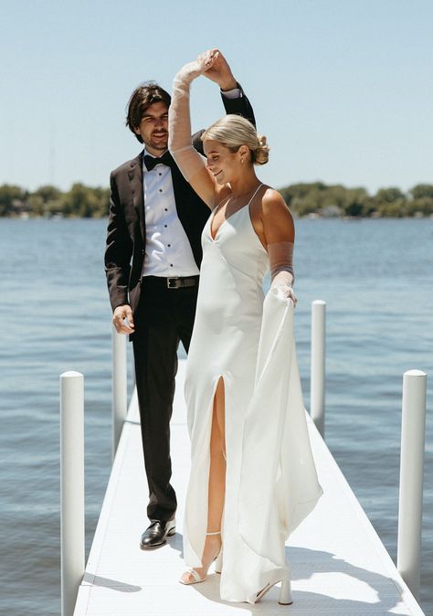 Wedding Pictures On Dock, Dock Wedding Photos, Lake Wedding Pictures, Summer Lake Wedding, Photography Prompts, Warsaw Indiana, Dock Wedding, Lake Wedding Photos, Bride And Groom First Look