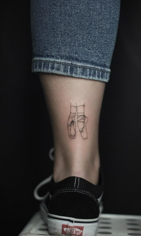 Tattoo Dance Minimalist Hip Hop, Fine Line Ballerina Tattoo, Tap Shoe Tattoo, Fine Line Dance Tattoo, Ballet Tattoo Ideas, Pointe Shoe Tattoo, Ballet Tattoo Minimalist, Pointe Shoes Tattoo, Gymnastics Tattoo Ideas