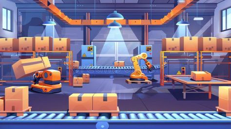 Warehouse with conveyor belts, automated robots, workers, cardboard boxes, and pallets. Modern cartoon illustration of royalty free stock photo Warehouse Illustration, Factory Interior, Modern Cartoon, Conveyor Belt, Cartoon Illustration, Cardboard Box, Belts, Pop Art, Royalty Free Stock Photos