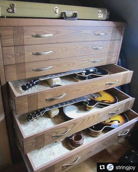 stringjoy ・・・ You know you've made it when you have a dresser full of guitars. I'll get there one of these days... Killer shot Music Furniture, Music Room Design, Guitar Studio, Guitar Storage, Guitar Display, Home Music Rooms, Home Studio Ideas, Guitar Room, Recording Studio Design