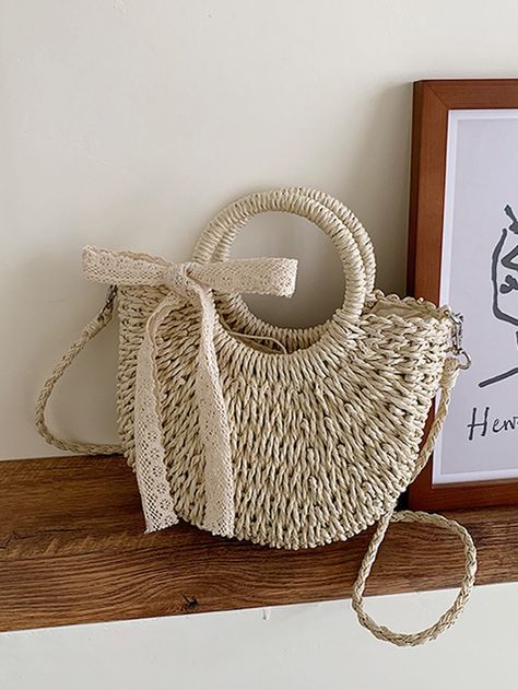 Beige  Collar  Straw   Embellished   Women Bags Summer Bags Beach, Woven Bags, Woven Handbags, Transparent Bag, Straw Handbags, Girls Purse, Crossbody Bags For Women, Handmade Purses, Summer Bag