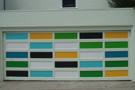 Mid Century Garage Door, Mid Century Garage, Unique Garage Doors, Garage Door Ideas, Linden Homes, Garage Door Paint, Bright Paint Colors, Wooden Garage Doors, Custom Garage Doors