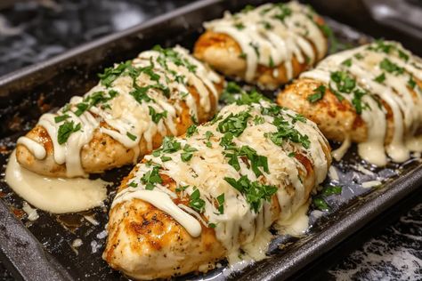 Baked Caesar Chicken, Chicken With Parmesan, Caesar Chicken, Creamy Parmesan Sauce, Creamy Parmesan, Parmesan Sauce, Caesar Dressing, Healthy Low Carb Recipes, Health Dinner Recipes