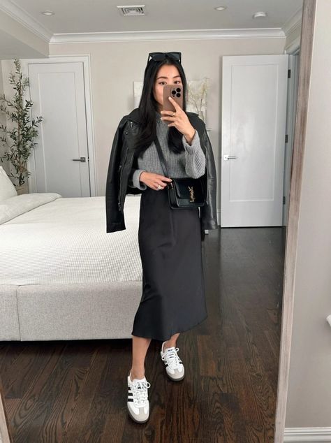 Winter Slip Skirt, Slip Skirt Fall Outfit, Casual Slip Skirt Outfit, Silk Slip Skirt Outfit, Slip Skirt Outfit Winter, Hem Jeans Without Sewing, Black Skirt Fall Outfit, Slip Skirt Outfit Fall, Black Slip Skirt Outfit