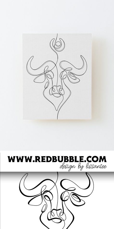 Shop Canvas or wood mounted print with Continuous Line Bull Print © All Rights Reserved on demand Redbubble aesthetic wall decor modern floating off look installation without nails screws holes plywood gallery home office room workplace design artwork art ideas animal wildlife cow ox buffalo taurus lineart monoline contour minimalistic doodle modern symbol tattoo astrology zodiac horoscope chinese new year  monochrome black white bw colorblock One Line Buffalo Tattoo, Single Line Bull Tattoo, Bull Lines Tattoo, Geometric Ox Tattoo, Bison Line Drawing, Ox Tattoo, Nails And Screws, Continuous Line, Symbol Tattoos