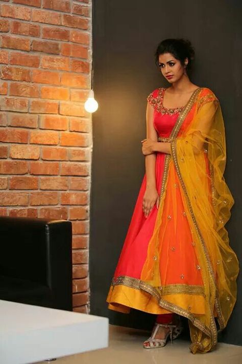 Orange and yellow Yellow Anarkali, Silk Anarkali Suits, Designer Anarkali Dresses, Long Anarkali, Lehnga Dress, Churidar Suits, Machine Work, Salwar Designs, Half Saree Designs