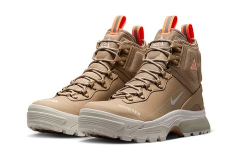 Nike ACG Zoom Gaiadome GORE-TEX Gets Fitted in a “Khaki/Atomic Orange” Color Scheme Orange Color Schemes, All Weather Boots, Nike Boots, Hiking Sneakers, Waterproof Hiking Shoes, Weather Boots, Hiking Shoe, Nike Acg, Air Zoom