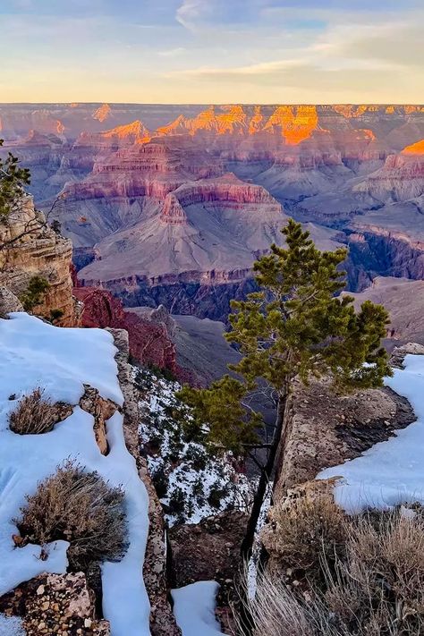 What It’s Really Like to Visit Grand Canyon in Winter (+Seasonal Tips) Pictures Collage Ideas, Grand Canyon Winter, Grand Canyon Pictures, Grand Canyon Village, Grand Canyon West, Visiting The Grand Canyon, Grand Canyon South Rim, Hiking Poles, Seven Wonders