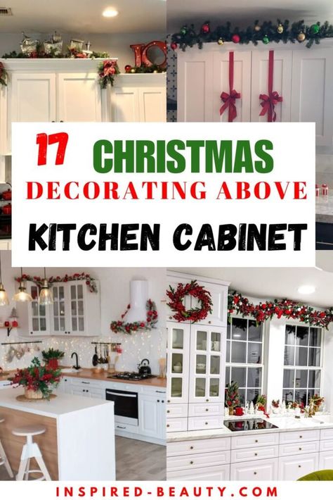 Christmas decorating above the kicthen cabinet Decorations For Cabinet Tops, Christmas Above Cabinet, Under Cabinet Christmas Decor, Top Of Cabinet Decor Kitchen Christmas, How To Decorate Top Of Kitchen Cabinets Christmas, Top Of Kitchen Cabinets Christmas Decor, Garland On Cabinets, Christmas Decor For Above Cabinets, Christmas Decor Ideas Above Cabinets