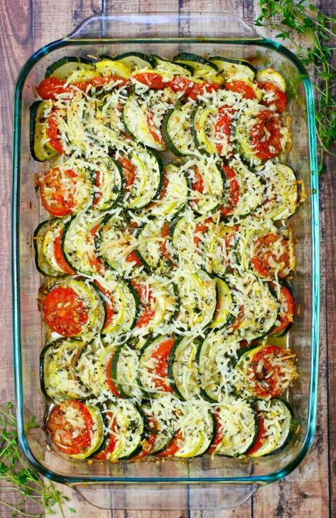 Tomato, Zucchini, and Yellow Squash Gratin - Erica Julson Squash Tomato Casserole, Zucchini And Summer Squash, Tomato Casserole, Tomato Bake, Squash Gratin, Zucchini And Yellow Squash, Zucchini Yellow Squash, Yellow Squash Casserole, Yellow Squash Recipes