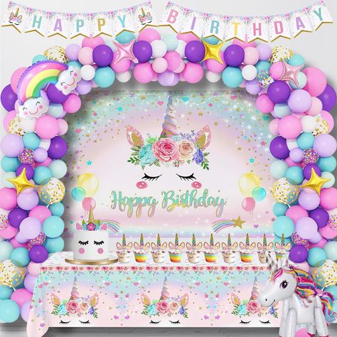 PRICES MAY VARY. 【Unicorn Birthday Decorations 158PCS】Package includes: Unicorn Backdrop x1, Unicorn Tablecloth x1, Happy Birthday Banner x1set (15 Lettters, 1 Ribbon), Rainbow Balloon x1, Unicorn Balloon x1, Star Balloons x4pcs, Latex Balloons x130pcs (12in x25pcs, 10in x45pcs, 5in x60pcs), Balloon Chain x1, Dot Glue x1, Tying Tool x1, Ribbon x1 【Premium Balloons】138pcs high quality latex balloons to make a nice unicorn balloon arch. 【Exuisite Unicorn Tablecloth】The tablecloth measures 130x220c Unicorn Birthday Decorations, Unicorn Backdrop, Unicorn Birthday Party Decorations, Star Balloons, Unicorn Balloon, Unicorn Party Supplies, Balloon Chain, Unicorn Birthday Party, Rainbow Balloons