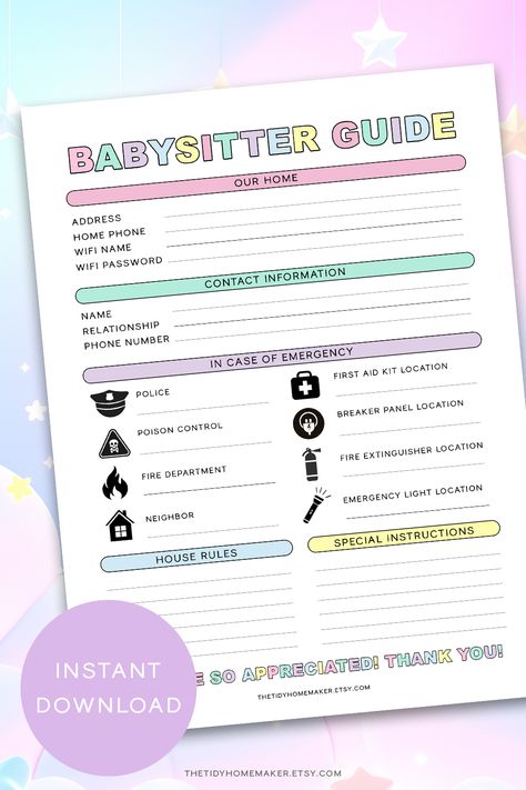 This printable babysitter guide covers all the basic needs for your sitter. From your contact information, emergency contact information, house rules, and other babysitter instructions you might want to include. Babysitter Aesthetic, Babysitter Guide, Babysitter Notes, Nanny Ideas, Hospital Checklist, Wifi Names, Baby On A Budget, Child Rearing, Emergency Contact