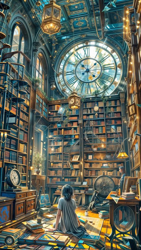 Wizard World Aesthetic, Library Drawing Illustration, Fantasy Library Concept Art, Magical Library Fantasy Art, Magic Bookstore, Whimsical Library, Magical Bookstore, Steampunk Library, Library Painting