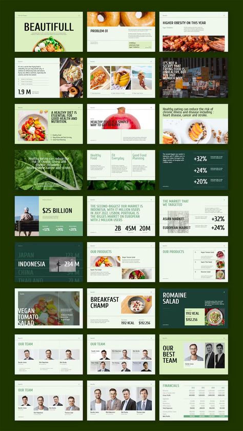 Beautifull Healthy Food Pitch Deck Powerpoint Template. 30 Clean Slides. Brand Pitch Presentation, Presentation Deck Template, Divider Slide Design Powerpoint, Sales Deck Design Inspiration, Pitch Desk Layout, Creative Deck Design, Product Pitch Presentation, Presentation Deck Layout, Pitch Deck Layout Design