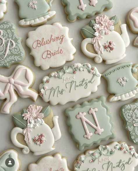 Bridal Tea Cookies, Tea Party Royal Icing Cookies, 60th Birthday Tea Party Ideas, Bachelorette High Tea, Tea With Bride To Be, High Tea With The Bride To Be, Tea Party Bridal Shower Cookies, Tea With The Bride To Be Decor, Tea With The Bride To Be