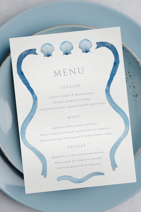 Blue Shell Menu Template, Hand Painted Watercolour Wedding /Bridal Shower /Dinner Party Menu, Digital Template Printable, elegant ocean sea Watercolor Menu Design, Bridal Shower Dinner Party, Menu Dinner Party, Chicken Piccata With Capers, Bridal Shower Dinner, Watercolor Menu, Bridal Shower Menu, Watercolour Wedding, Cinnamon Crumble