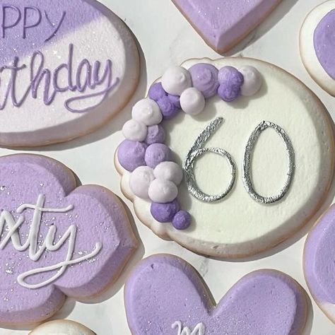 Sweeties Bakery on Instagram: "60th Birthday 💜  Click link in my bio for basic pricing FAQs. Text 701-770-9940 to order, or dm through instagram. (No Facebook dms) ❤️Wendy  #60thbirthdaysweeties #60thbirthdaycookies" Moms 60th, No Facebook, Icing Cookies, Royal Icing Cookies, Decorated Cookies, 60th Birthday, Royal Icing, Cookie Decorating, Birthday