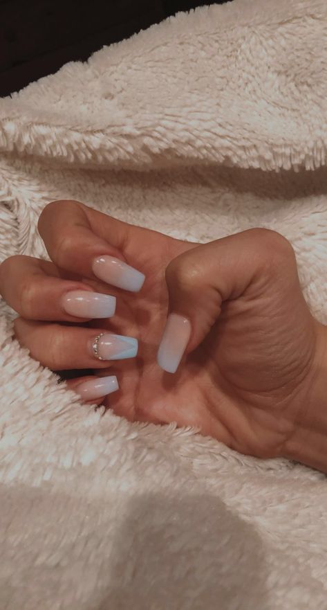 Blue Ombre Acrylic Nails, Dusty Blue Nails Acrylic, Dusty Blue Nails, Royal Blue Prom Nails, Futuristic Nails, Semi Ideas, Light Blue Ombre, Blue Prom Nails, Prom Nails Silver