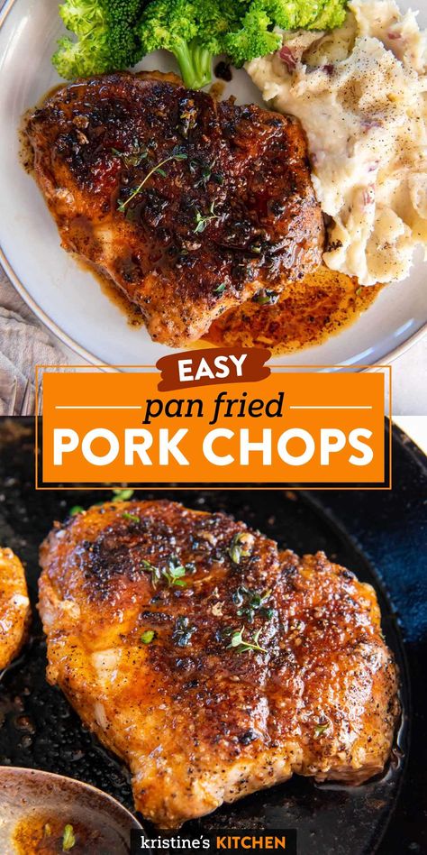 These pan fried pork chops are moist and juicy with the best flavorful browned crust and a simple pan sauce. Easy pork chop recipe! Center Cut Pork Chop Recipes, Thick Pork Chop Recipe, Loin Chops Recipes, Fried Boneless Pork Chops, Pork Loin Chops Recipes, Cook Pork Chops, Fried Pork Chop Recipes, Pan Fried Pork Chops, Boneless Pork Chop Recipes